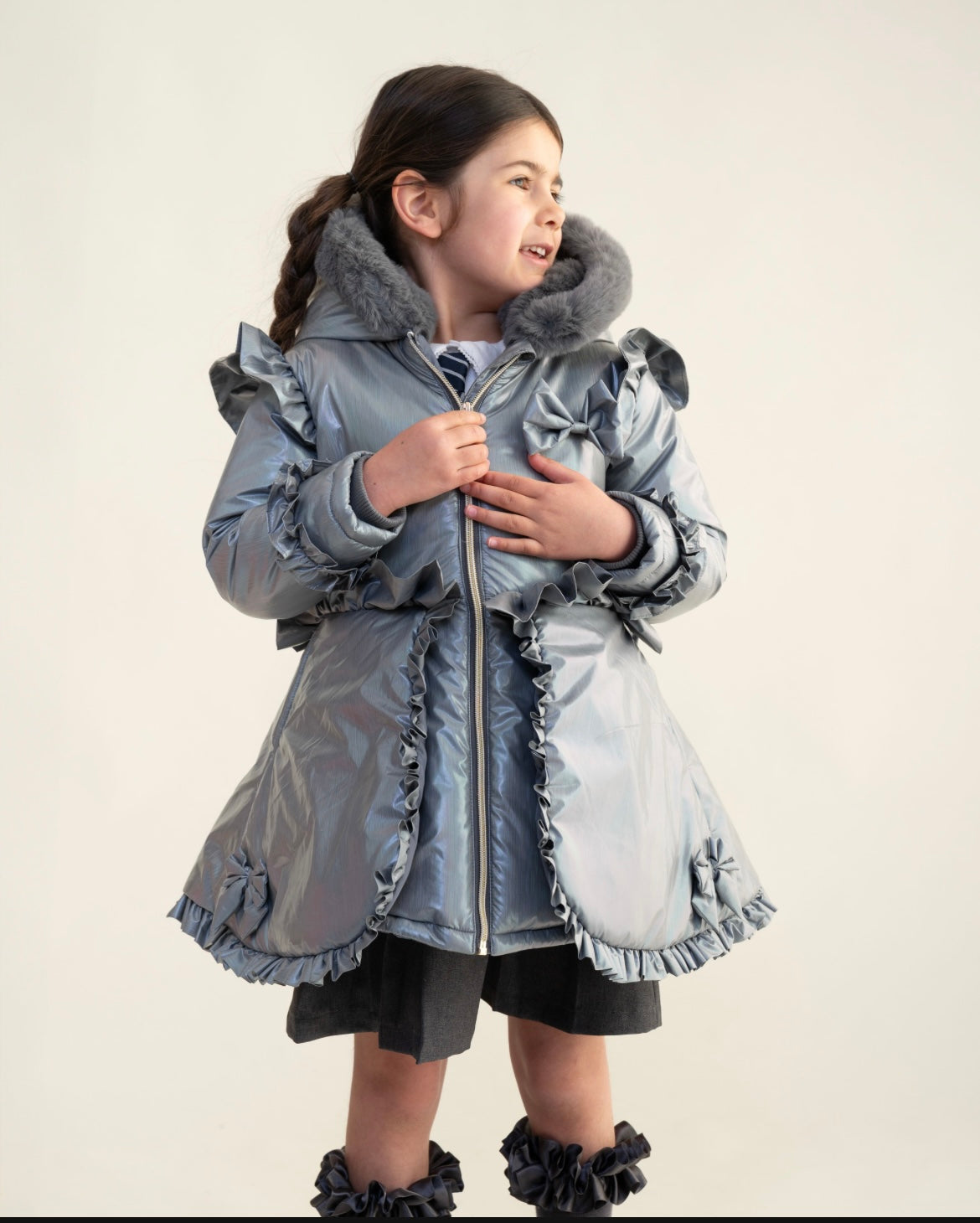 CARAMELO- Fur hood peplum school coats
