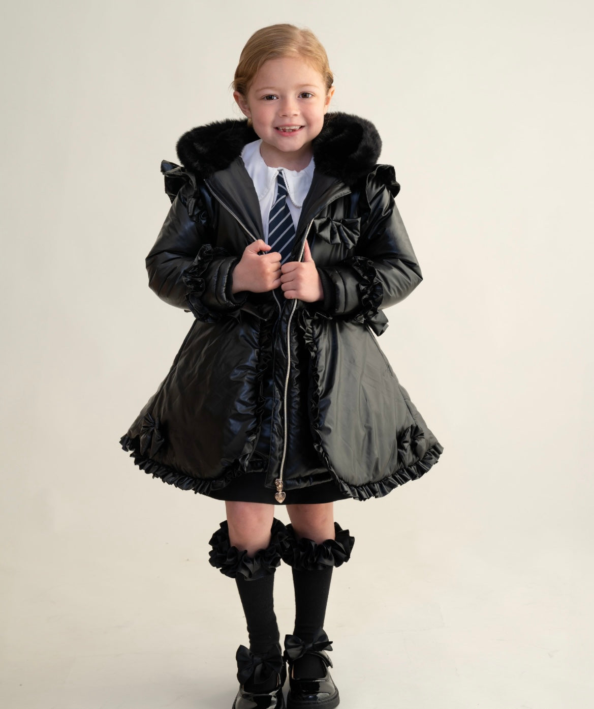 CARAMELO- Fur hood peplum school coats