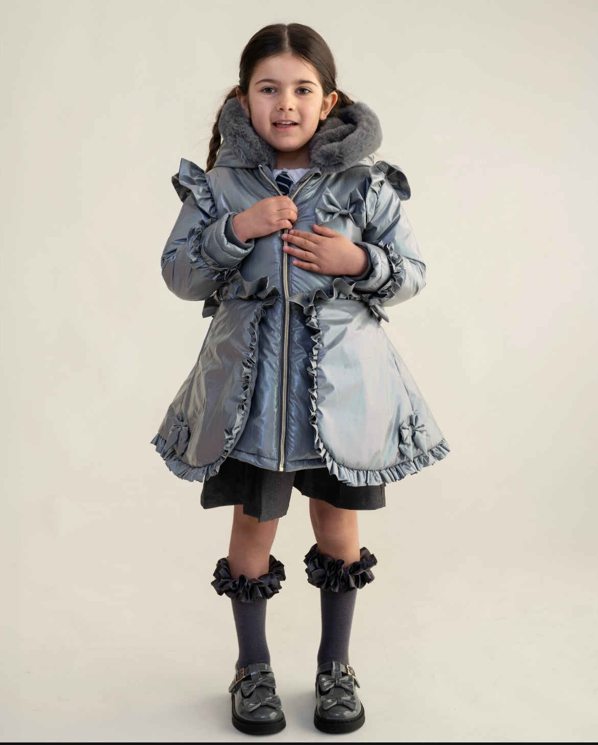 CARAMELO- Fur hood peplum school coats