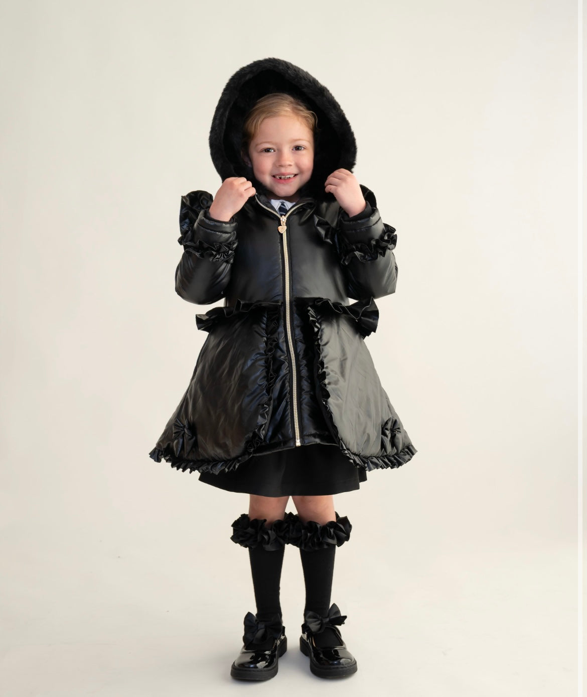 CARAMELO- Fur hood peplum school coats
