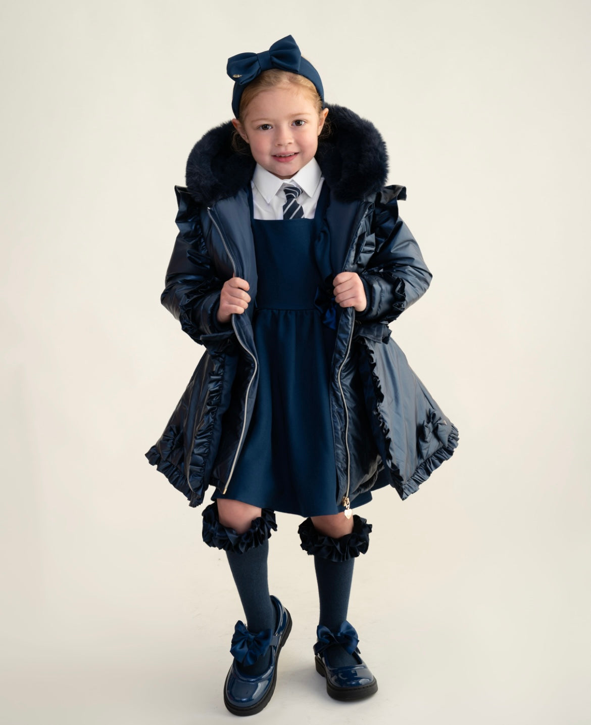 CARAMELO- Fur hood peplum school coats