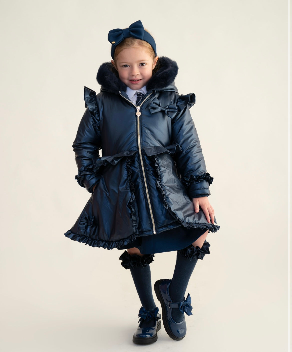 CARAMELO- Fur hood peplum school coats