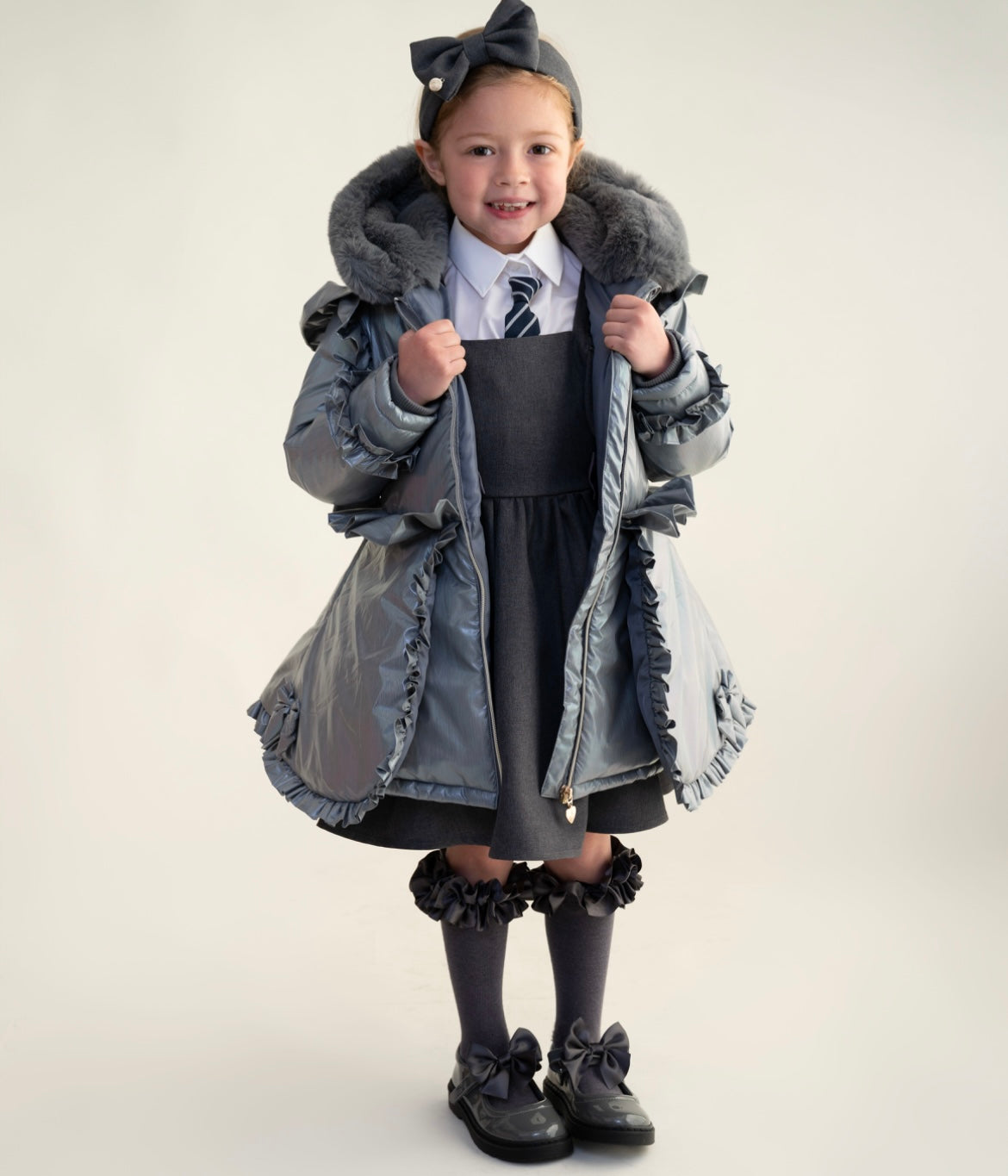 CARAMELO- Fur hood peplum school coats